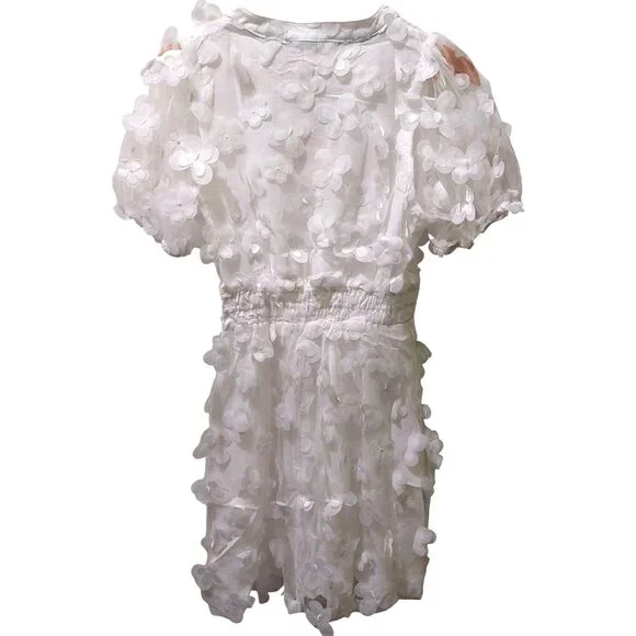 NWT Umgee White 3D Organza Split Neck Dress/Puff Sleeve Dress SMALL - Picture 11 of 11